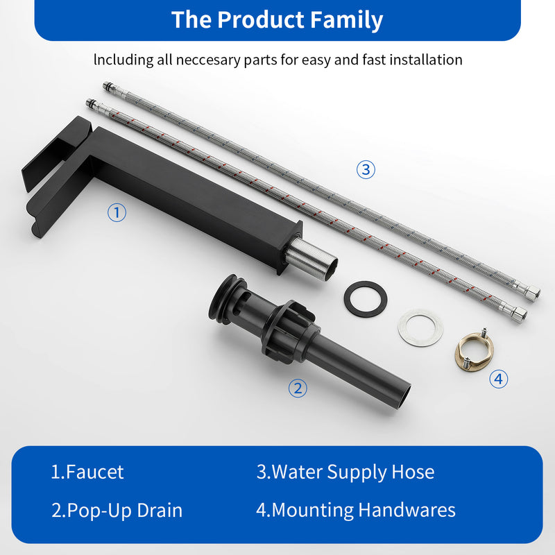 Tall Waterfall Vessel Faucet Deck Mount Single Lever Bathroom Sink Faucet with Pop Up Drain Stopper & Water Supply Lines