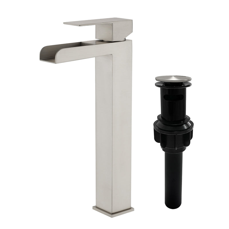 Tall Waterfall Vessel Faucet Deck Mount Single Lever Bathroom Sink Faucet with Pop Up Drain Stopper & Water Supply Lines