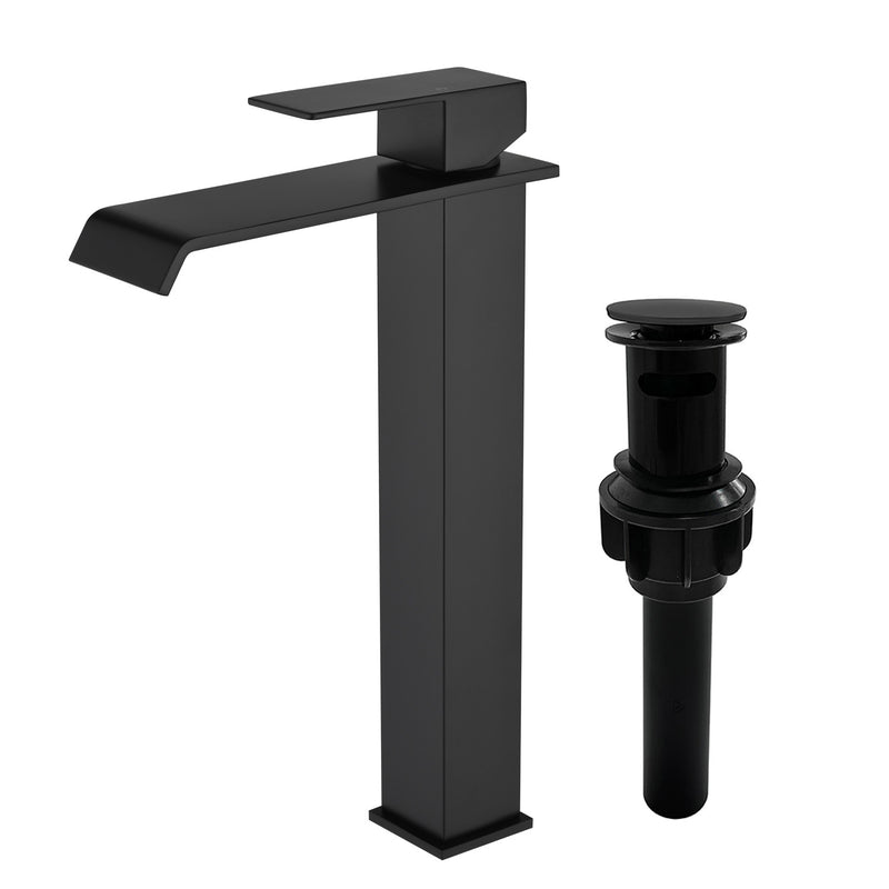 Vessel Sink Faucet Tall Single Control Waterfall Single Hole Deck Mount Bathroom Faucet With Pop-Up Faucet Stopper - Matte Black, Brushed Nickel, Brushed Gold