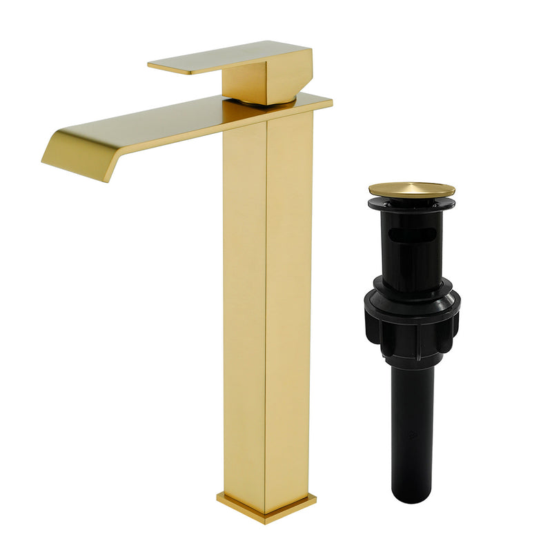 Vessel Sink Faucet Tall Single Control Waterfall Single Hole Deck Mount Bathroom Faucet With Pop-Up Faucet Stopper - Matte Black, Brushed Nickel, Brushed Gold