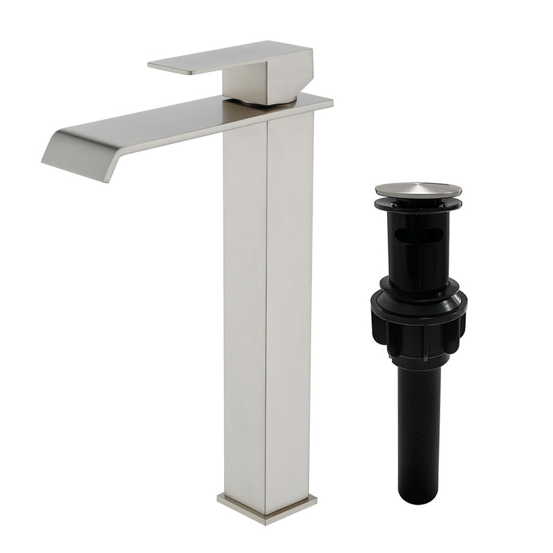 Vessel Sink Faucet Tall Single Control Waterfall Single Hole Deck Mount Bathroom Faucet With Pop-Up Faucet Stopper - Matte Black, Brushed Nickel, Brushed Gold