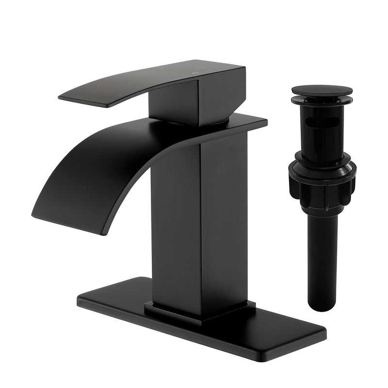 Single Handle Vanity Faucet with Pop-Up Drain Stainless Steel Waterfall Single Hole Bathroom Basin Faucet, 1.2GPM