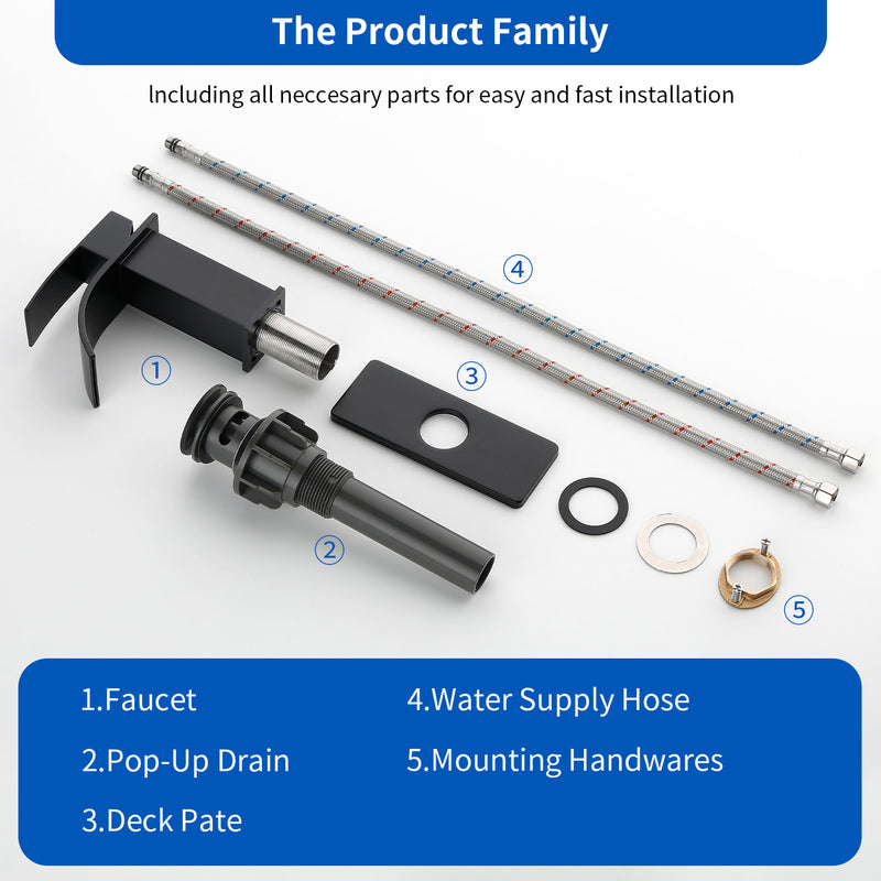 Single Handle Vanity Faucet with Pop-Up Drain Stainless Steel Waterfall Single Hole Bathroom Basin Faucet, 1.2GPM