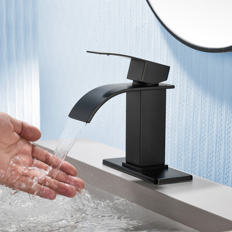 Single Handle Vanity Faucet with Pop-Up Drain Stainless Steel Waterfall Single Hole Bathroom Basin Faucet, 1.2GPM