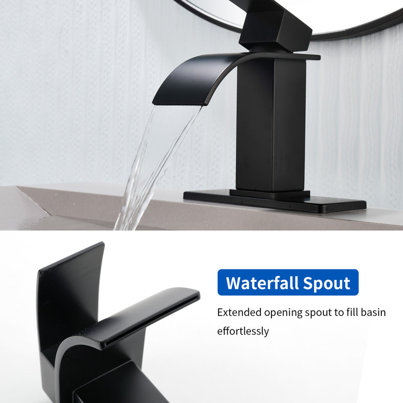 Single Handle Vanity Faucet with Pop-Up Drain Stainless Steel Waterfall Single Hole Bathroom Basin Faucet, 1.2GPM