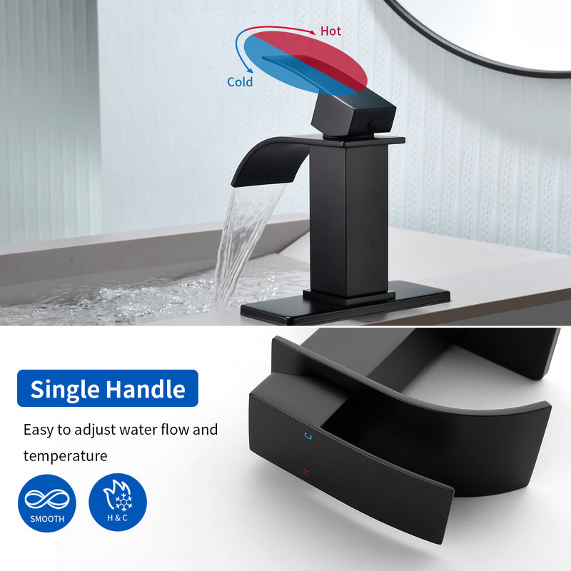 Single Handle Vanity Faucet with Pop-Up Drain Stainless Steel Waterfall Single Hole Bathroom Basin Faucet, 1.2GPM