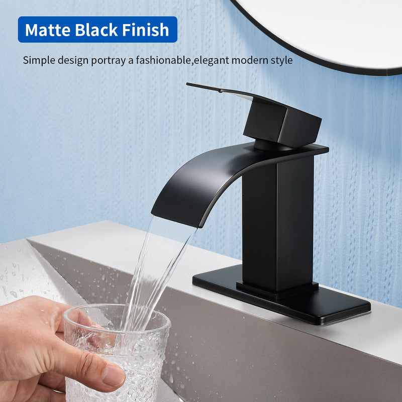 Single Handle Vanity Faucet with Pop-Up Drain Stainless Steel Waterfall Single Hole Bathroom Basin Faucet, 1.2GPM