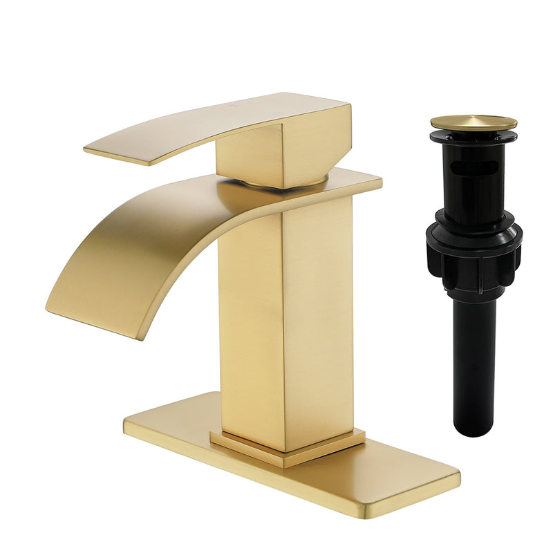 Single Handle Vanity Faucet with Pop-Up Drain Stainless Steel Waterfall Single Hole Bathroom Basin Faucet, 1.2GPM
