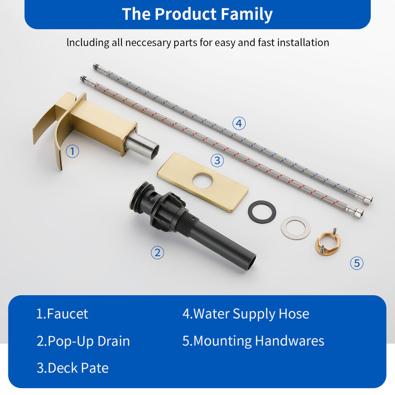 Single Handle Vanity Faucet with Pop-Up Drain Stainless Steel Waterfall Single Hole Bathroom Basin Faucet, 1.2GPM