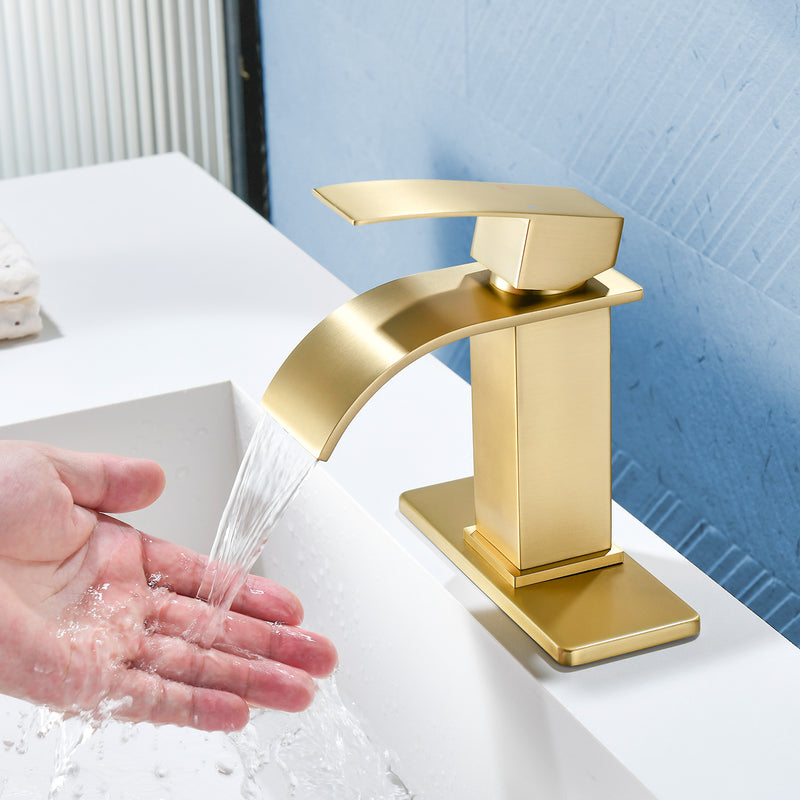Single Handle Vanity Faucet with Pop-Up Drain Stainless Steel Waterfall Single Hole Bathroom Basin Faucet, 1.2GPM