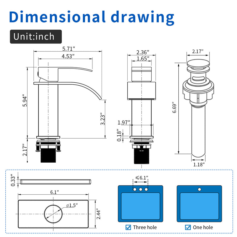 Single Handle Vanity Faucet with Pop-Up Drain Stainless Steel Waterfall Single Hole Bathroom Basin Faucet, 1.2GPM