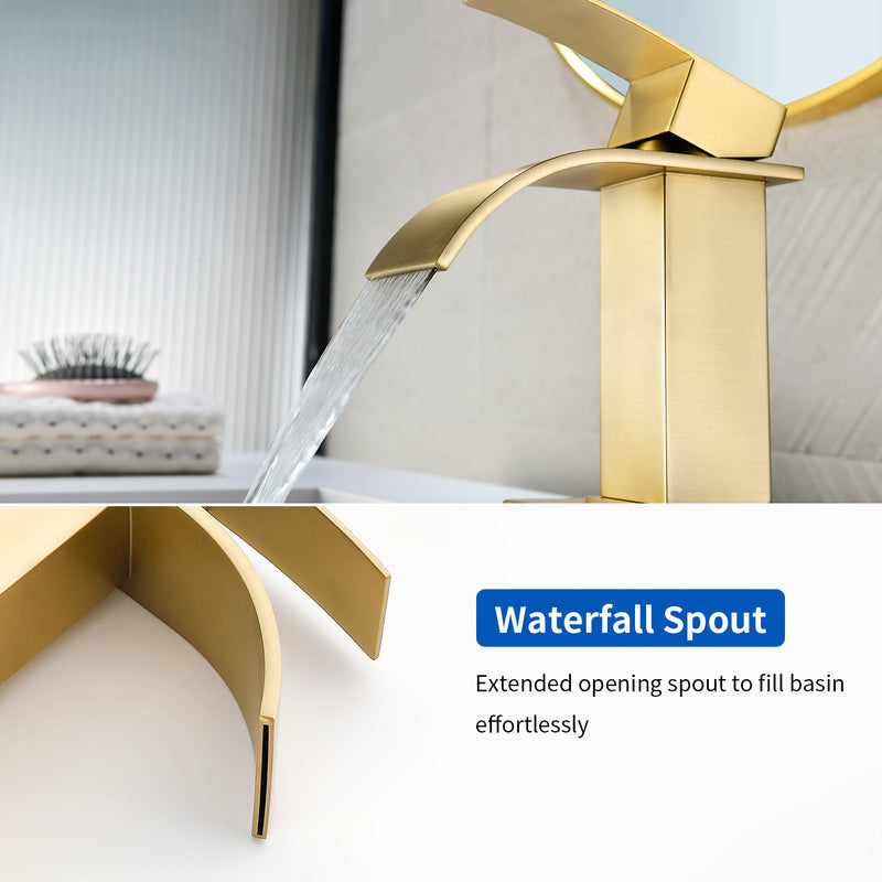 Single Handle Vanity Faucet with Pop-Up Drain Stainless Steel Waterfall Single Hole Bathroom Basin Faucet, 1.2GPM