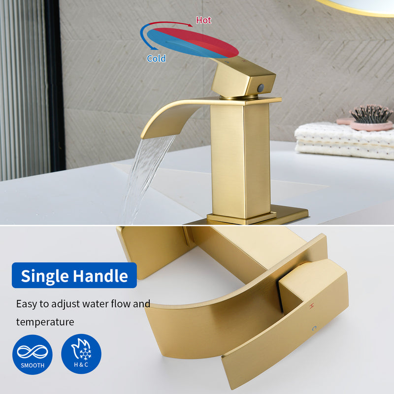 Single Handle Vanity Faucet with Pop-Up Drain Stainless Steel Waterfall Single Hole Bathroom Basin Faucet, 1.2GPM