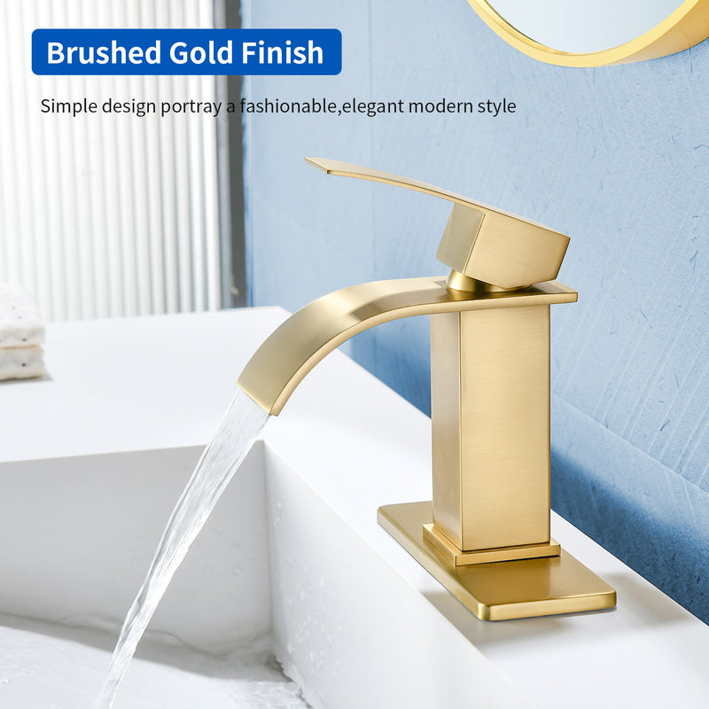 Single Handle Vanity Faucet with Pop-Up Drain Stainless Steel Waterfall Single Hole Bathroom Basin Faucet, 1.2GPM