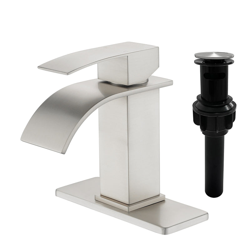 Single Handle Vanity Faucet with Pop-Up Drain Stainless Steel Waterfall Single Hole Bathroom Basin Faucet, 1.2GPM