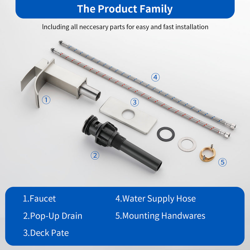 Single Handle Vanity Faucet with Pop-Up Drain Stainless Steel Waterfall Single Hole Bathroom Basin Faucet, 1.2GPM