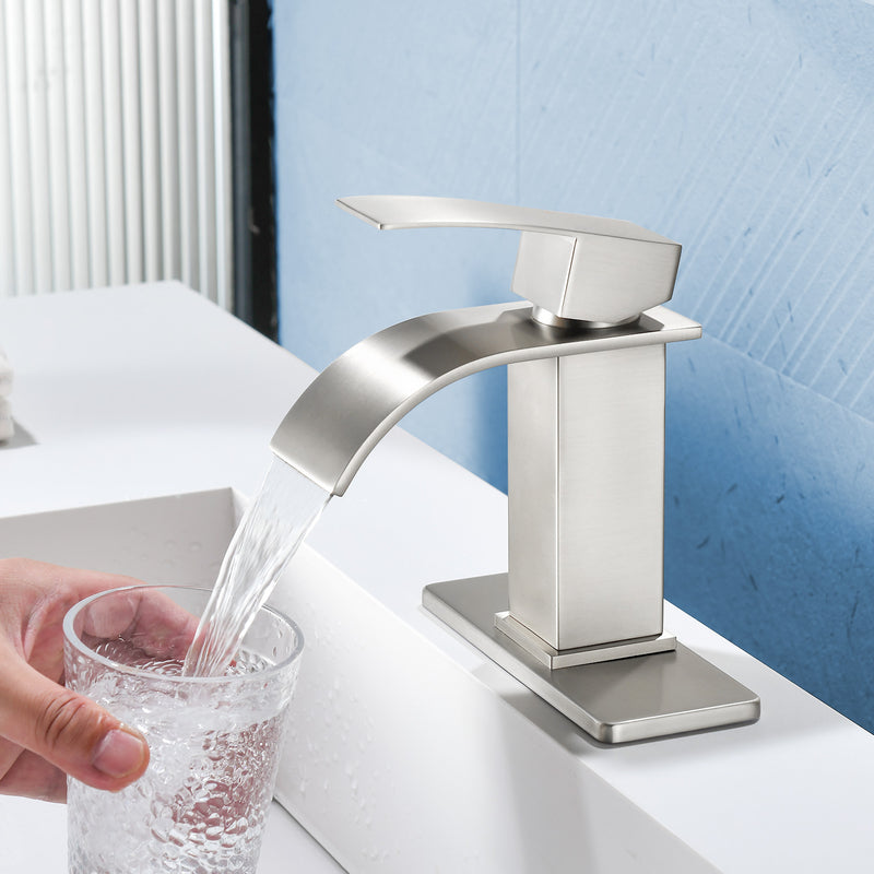 Single Handle Vanity Faucet with Pop-Up Drain Stainless Steel Waterfall Single Hole Bathroom Basin Faucet, 1.2GPM