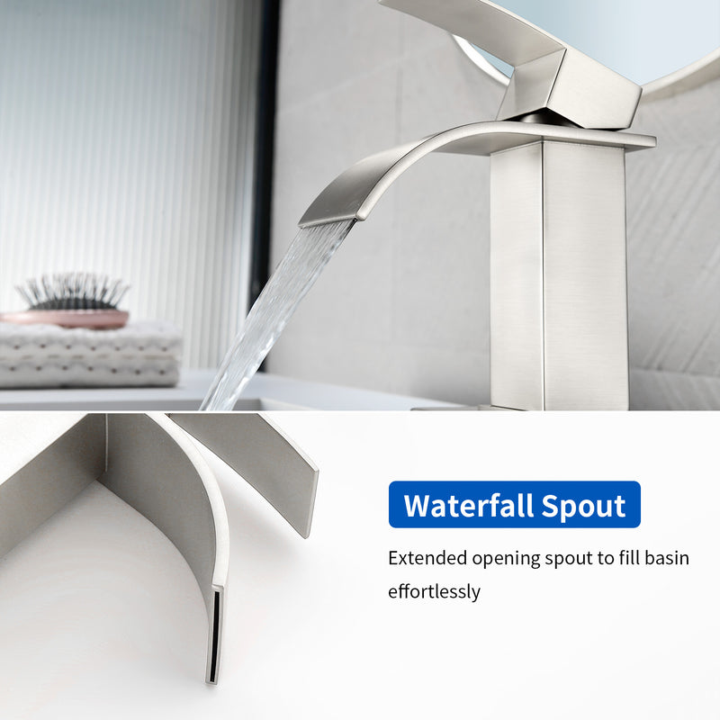 Single Handle Vanity Faucet with Pop-Up Drain Stainless Steel Waterfall Single Hole Bathroom Basin Faucet, 1.2GPM