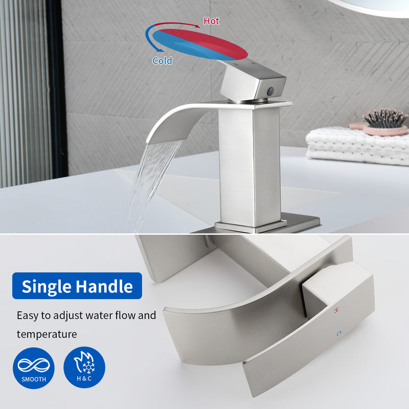 Single Handle Vanity Faucet with Pop-Up Drain Stainless Steel Waterfall Single Hole Bathroom Basin Faucet, 1.2GPM