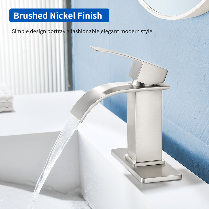 Single Handle Vanity Faucet with Pop-Up Drain Stainless Steel Waterfall Single Hole Bathroom Basin Faucet, 1.2GPM