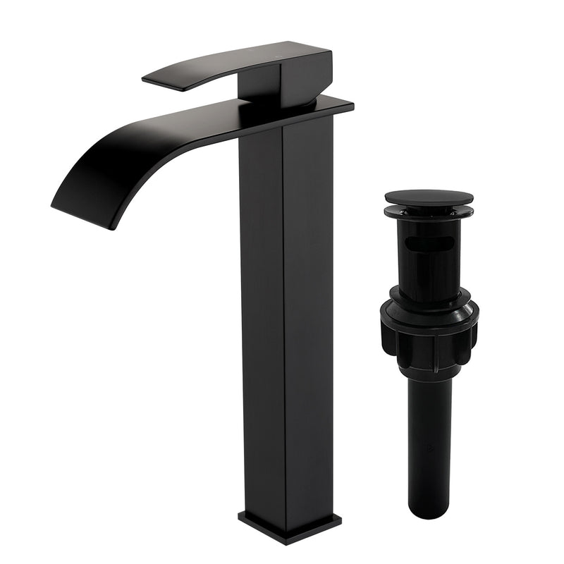 Single Hole Vessel Faucet Matte Black Deck Mount Brushed Nickel Square Bathroom Faucet with Lever Handle Waterfall Tall Brushed Gold Basin Mixer with Drain Pop Up