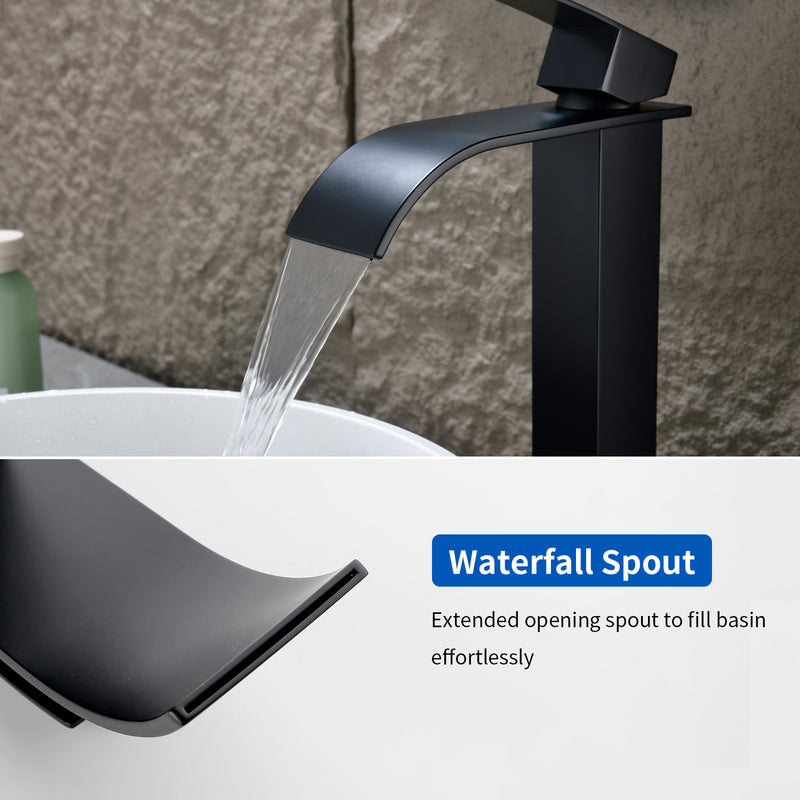 Single Hole Vessel Faucet Matte Black Deck Mount Brushed Nickel Square Bathroom Faucet with Lever Handle Waterfall Tall Brushed Gold Basin Mixer with Drain Pop Up