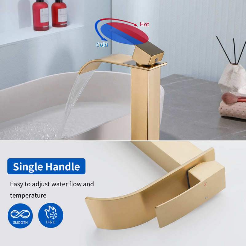 Single Hole Vessel Faucet Matte Black Deck Mount Brushed Nickel Square Bathroom Faucet with Lever Handle Waterfall Tall Brushed Gold Basin Mixer with Drain Pop Up