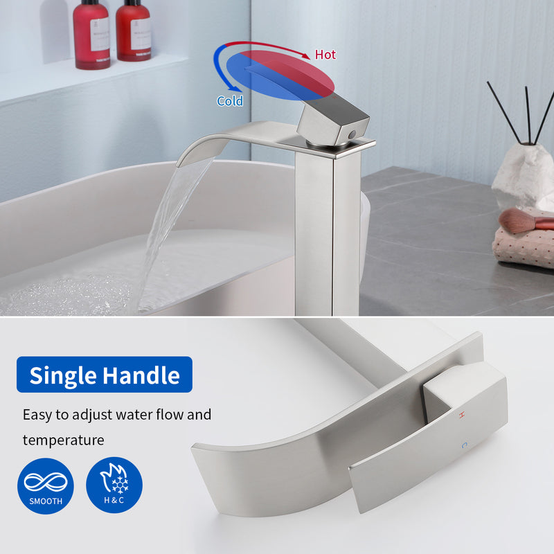 Single Hole Vessel Faucet Matte Black Deck Mount Brushed Nickel Square Bathroom Faucet with Lever Handle Waterfall Tall Brushed Gold Basin Mixer with Drain Pop Up