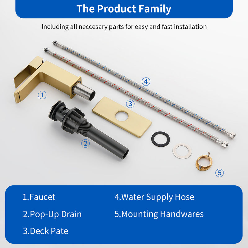 Deck Mounted Waterfall Lavatory Faucet Single Lever Single Hole Basin Mixer Tap with Pop-Up Drain