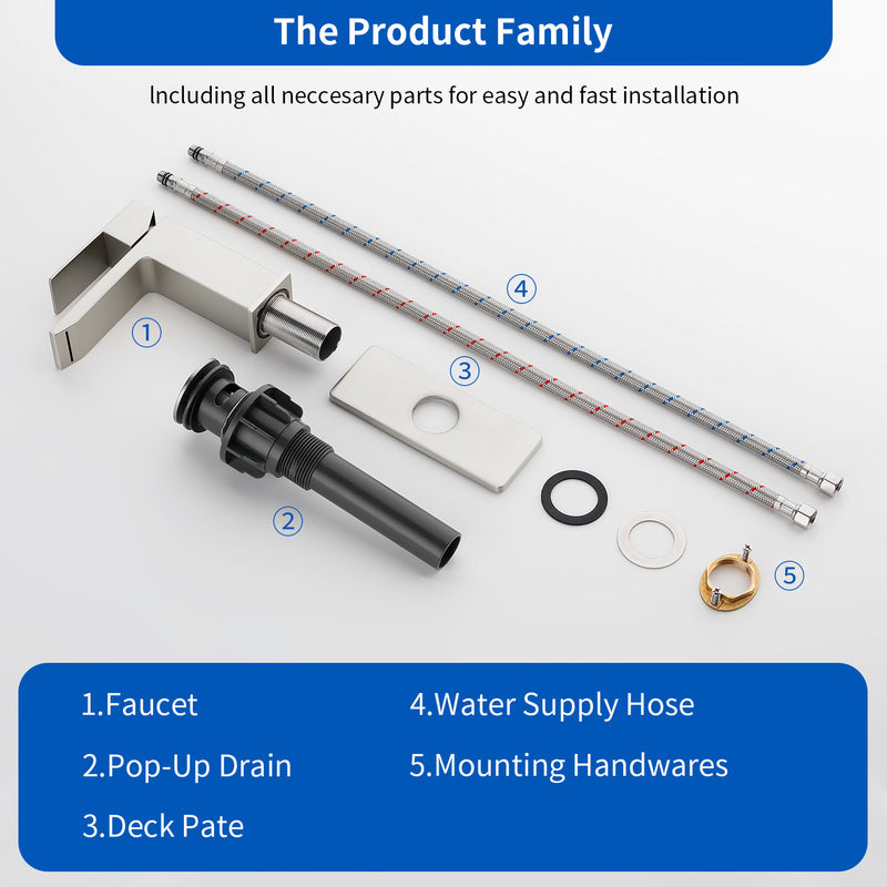 Deck Mounted Waterfall Lavatory Faucet Single Lever Single Hole Basin Mixer Tap with Pop-Up Drain