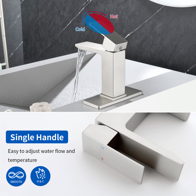 Deck Mounted Waterfall Lavatory Faucet Single Lever Single Hole Basin Mixer Tap with Pop-Up Drain