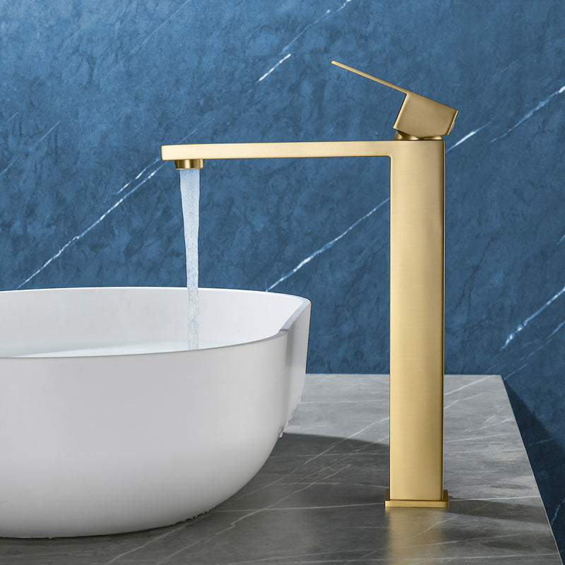 Tall Vessel Sink Faucet Single lever Square Single Hole Bathroom Faucet with drain stopper & Water Supply Lines