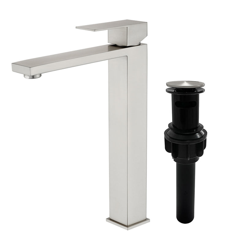 Tall Vessel Sink Faucet Single lever Square Single Hole Bathroom Faucet with drain stopper & Water Supply Lines