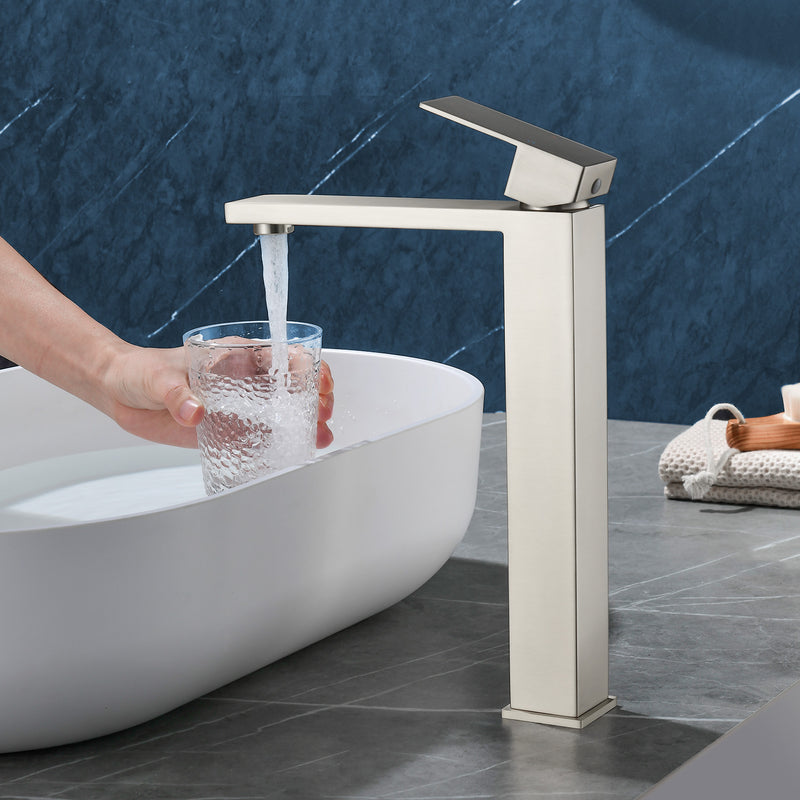 Tall Vessel Sink Faucet Single lever Square Single Hole Bathroom Faucet with drain stopper & Water Supply Lines