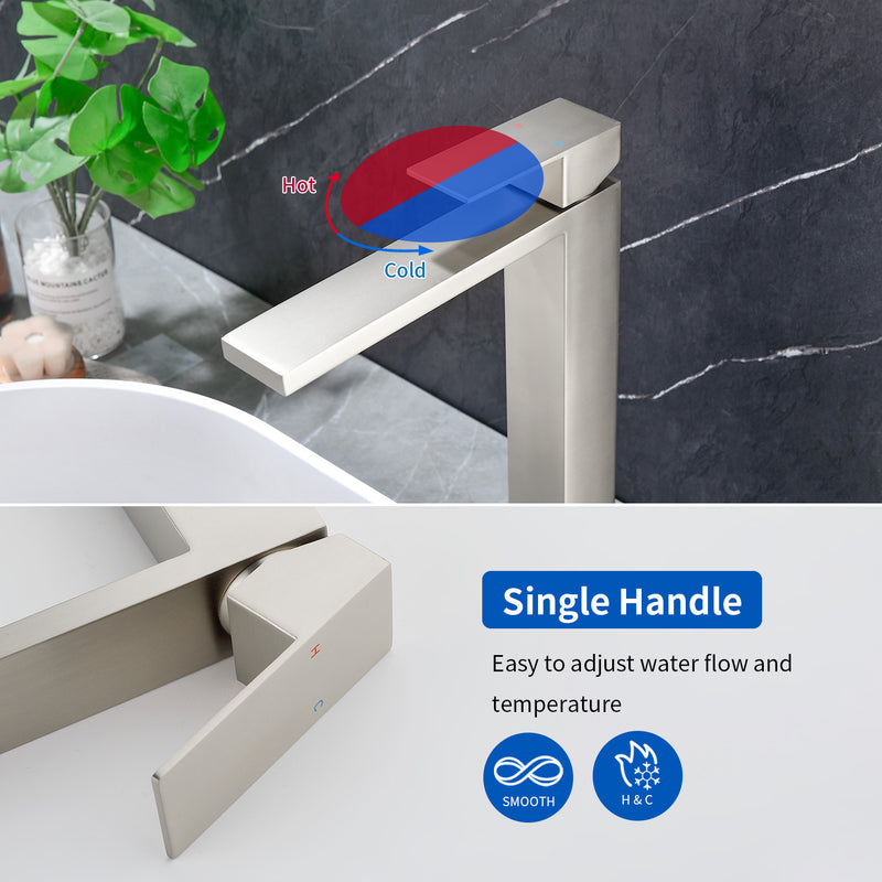 Tall Vessel Sink Faucet Single lever Square Single Hole Bathroom Faucet with drain stopper & Water Supply Lines