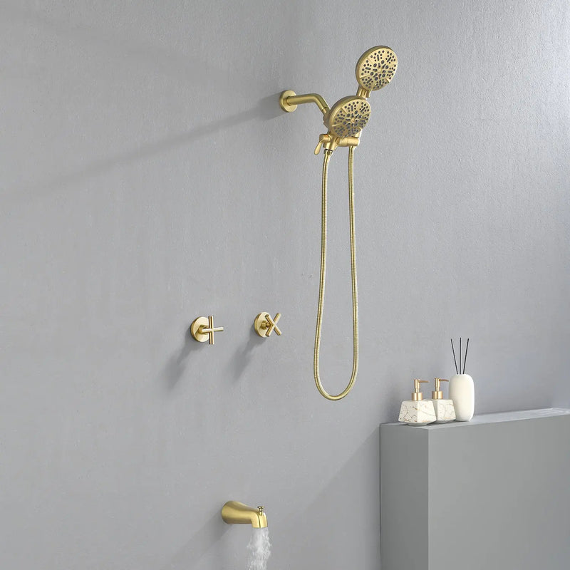 2 Cross Handle Tub & Shower Trim Set with Cold and Hot Water, 7 Modes Dual Shower Head Set with Diverter Tub Spout 2-cross-handle-tub-shower-trim-set-with-cold-and-hot-water-7-modes-dual-shower-head-set-with-diverter-tub-spout 
