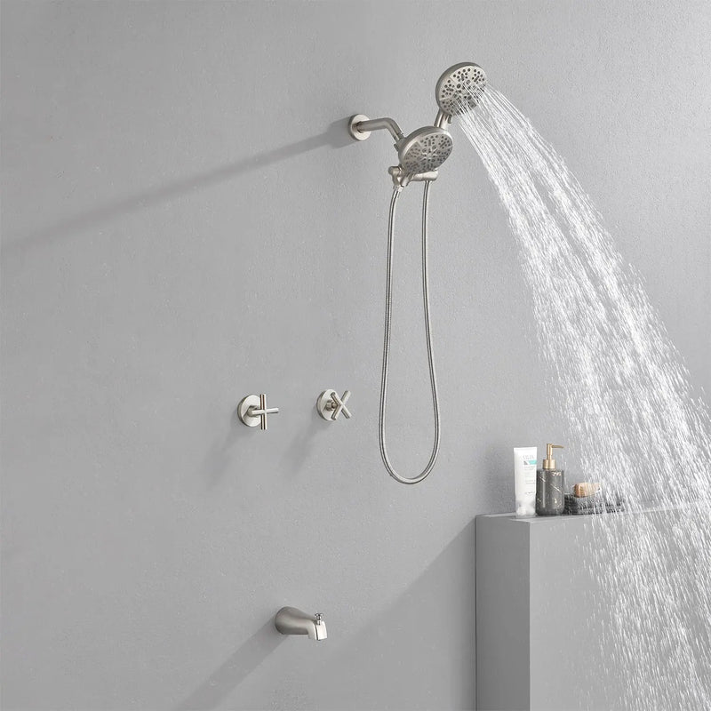 2 Cross Handle Tub & Shower Trim Set with Cold and Hot Water, 7 Modes Dual Shower Head Set with Diverter Tub Spout 2-cross-handle-tub-shower-trim-set-with-cold-and-hot-water-7-modes-dual-shower-head-set-with-diverter-tub-spout Brushed Nickel / Brass & SUS304 & ABS / 17.3*10.1*5.4inches