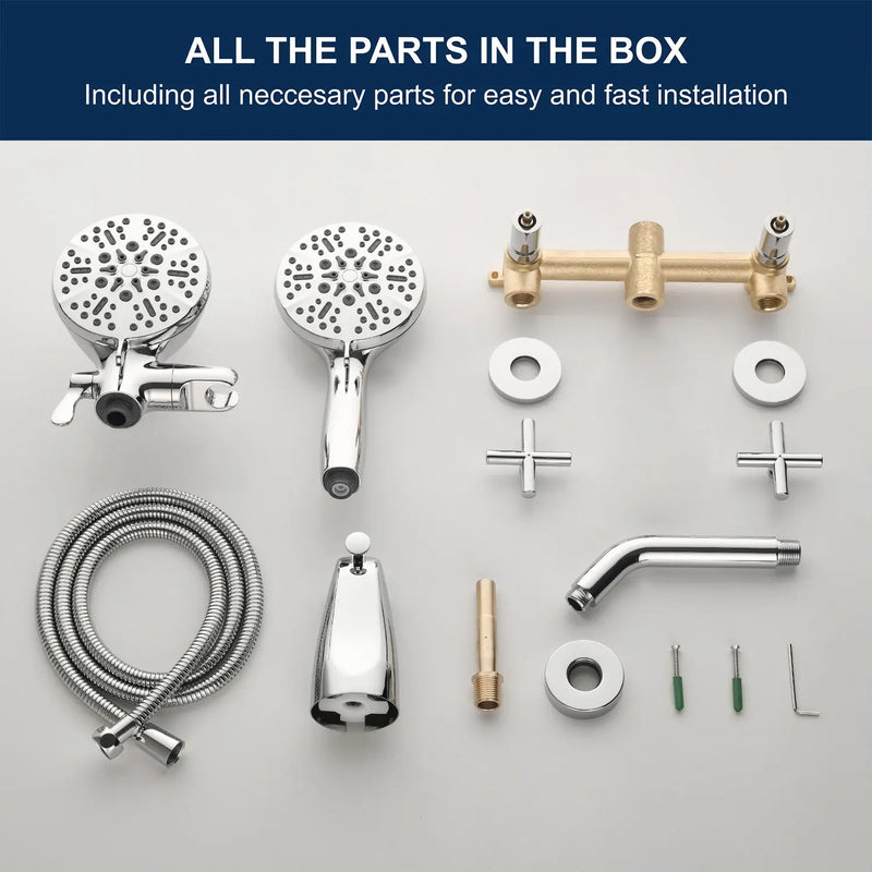 2 Cross Handle Tub & Shower Trim Set with Cold and Hot Water, 7 Modes Dual Shower Head Set with Diverter Tub Spout 2-cross-handle-tub-shower-trim-set-with-cold-and-hot-water-7-modes-dual-shower-head-set-with-diverter-tub-spout 