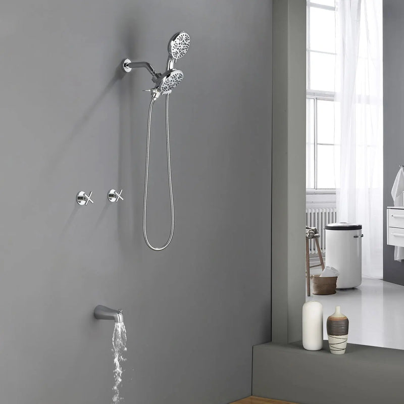 2 Cross Handle Tub & Shower Trim Set with Cold and Hot Water, 7 Modes Dual Shower Head Set with Diverter Tub Spout 2-cross-handle-tub-shower-trim-set-with-cold-and-hot-water-7-modes-dual-shower-head-set-with-diverter-tub-spout 