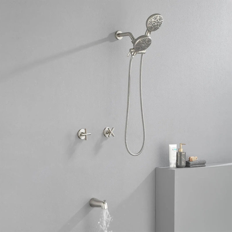 2 Cross Handle Tub & Shower Trim Set with Cold and Hot Water, 7 Modes Dual Shower Head Set with Diverter Tub Spout 2-cross-handle-tub-shower-trim-set-with-cold-and-hot-water-7-modes-dual-shower-head-set-with-diverter-tub-spout 