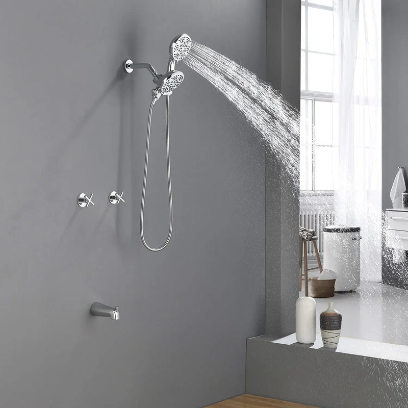 2 Cross Handle Tub & Shower Trim Set with Cold and Hot Water, 7 Modes Dual Shower Head Set with Diverter Tub Spout 2-cross-handle-tub-shower-trim-set-with-cold-and-hot-water-7-modes-dual-shower-head-set-with-diverter-tub-spout Chrome / Brass & SUS304 & ABS / 17.3*10.1*5.4inches