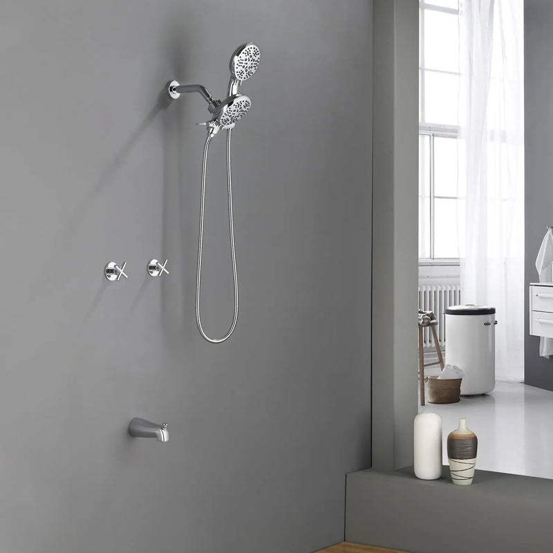 2 Cross Handle Tub & Shower Trim Set with Cold and Hot Water, 7 Modes Dual Shower Head Set with Diverter Tub Spout 2-cross-handle-tub-shower-trim-set-with-cold-and-hot-water-7-modes-dual-shower-head-set-with-diverter-tub-spout 