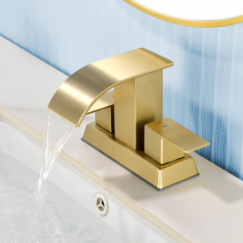 2 Handle Vanity Faucet Deck Mounted Waterfall 4 In. Centerset Double-Handle Bathroom Faucet 1.2GPM with Sink Drain Stopper deck-mounted-waterfall-dual-handle-4-inch-centerset-bathroom-faucets-1-2gpm-with-sink-drain-dtopper Brushed Gold / SUS304 / 11.6*8.7*6.5 inches