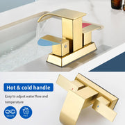 2 Handle Vanity Faucet Deck Mounted Waterfall 4 In. Centerset Double-Handle Bathroom Faucet 1.2GPM with Sink Drain Stopper deck-mounted-waterfall-dual-handle-4-inch-centerset-bathroom-faucets-1-2gpm-with-sink-drain-dtopper 
