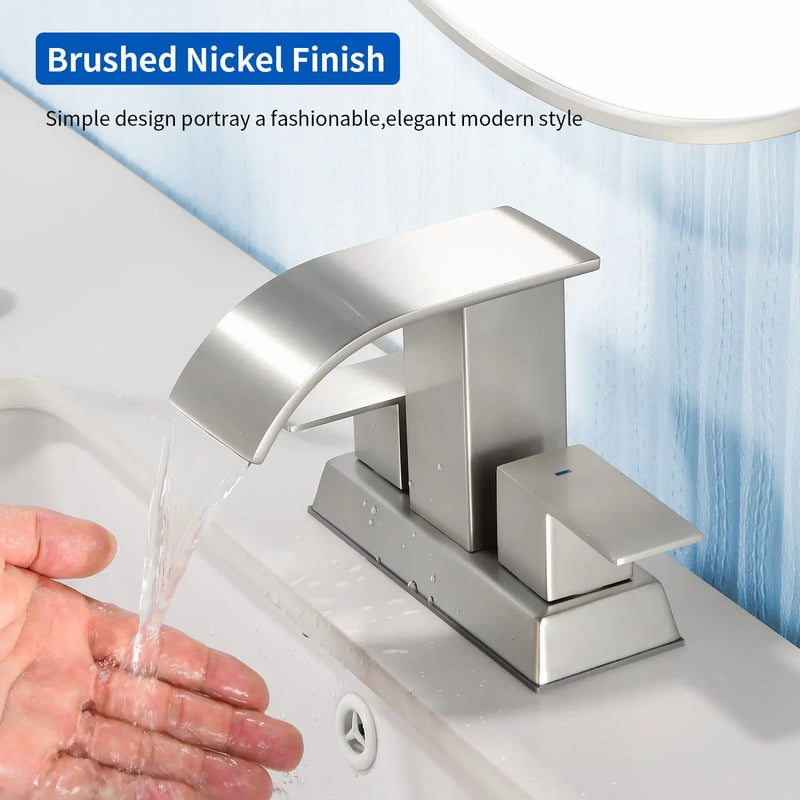 2 Handle Vanity Faucet Deck Mounted Waterfall 4 In. Centerset Double-Handle Bathroom Faucet 1.2GPM with Sink Drain Stopper deck-mounted-waterfall-dual-handle-4-inch-centerset-bathroom-faucets-1-2gpm-with-sink-drain-dtopper 