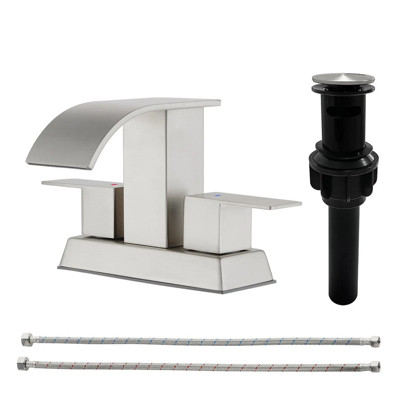 2 Handle Vanity Faucet Deck Mounted Waterfall 4 In. Centerset Double-Handle Bathroom Faucet 1.2GPM with Sink Drain Stopper deck-mounted-waterfall-dual-handle-4-inch-centerset-bathroom-faucets-1-2gpm-with-sink-drain-dtopper 