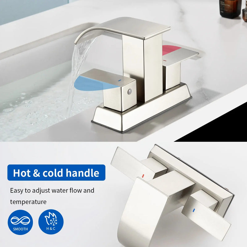 2 Handle Vanity Faucet Deck Mounted Waterfall 4 In. Centerset Double-Handle Bathroom Faucet 1.2GPM with Sink Drain Stopper deck-mounted-waterfall-dual-handle-4-inch-centerset-bathroom-faucets-1-2gpm-with-sink-drain-dtopper 