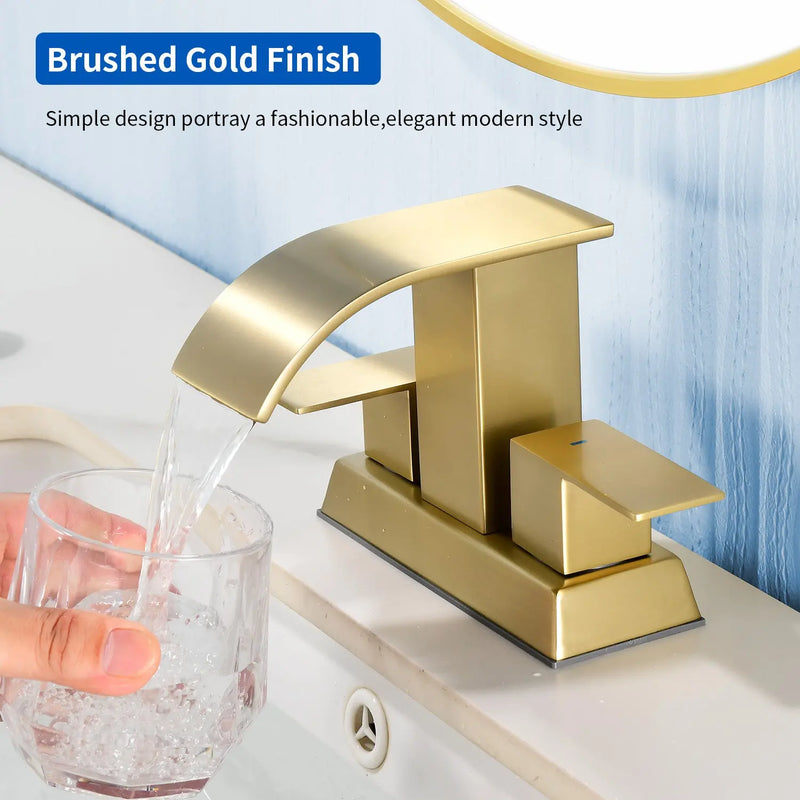 2 Handle Vanity Faucet Deck Mounted Waterfall 4 In. Centerset Double-Handle Bathroom Faucet 1.2GPM with Sink Drain Stopper deck-mounted-waterfall-dual-handle-4-inch-centerset-bathroom-faucets-1-2gpm-with-sink-drain-dtopper 