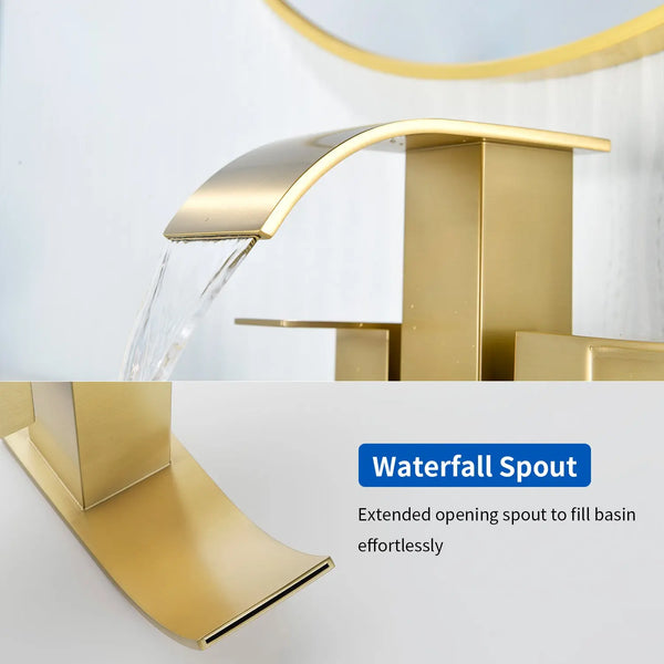2 Handle Vanity Faucet Deck Mounted Waterfall 4 In. Centerset Double-Handle Bathroom Faucet 1.2GPM with Sink Drain Stopper deck-mounted-waterfall-dual-handle-4-inch-centerset-bathroom-faucets-1-2gpm-with-sink-drain-dtopper 