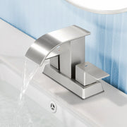 2 Handle Vanity Faucet Deck Mounted Waterfall 4 In. Centerset Double-Handle Bathroom Faucet 1.2GPM with Sink Drain Stopper deck-mounted-waterfall-dual-handle-4-inch-centerset-bathroom-faucets-1-2gpm-with-sink-drain-dtopper Brushed Nickel / SUS304 / 11.6*8.7*6.5 inches